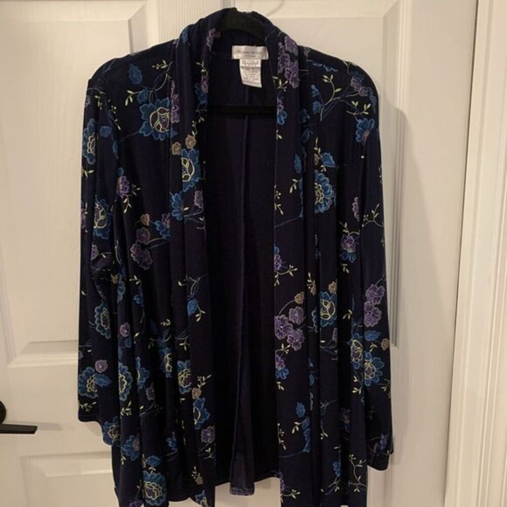 Brylane sz L Floral‎ Stretchy Slinky liquid knit Travel Blue Waterfall Cardigan